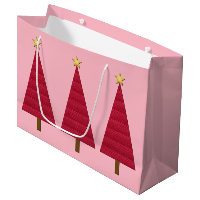 Tief roter Damast, moderner Weihnachtsbaum Große Geschenktüte (Vorderseite Schrägansicht)