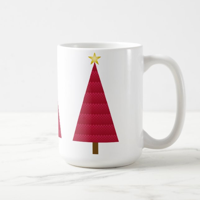 Tief roter Damast, moderner Weihnachtsbaum Kaffeetasse (Rechts)