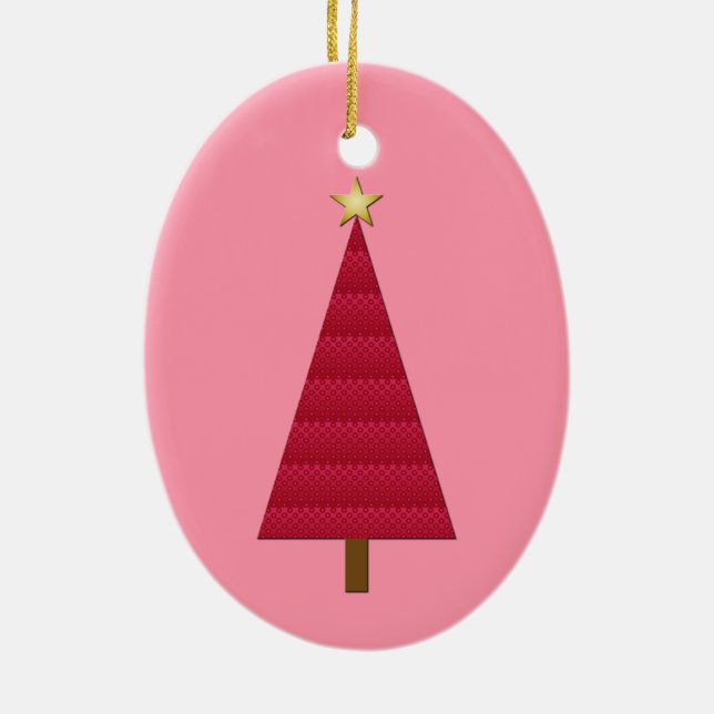 Tief roter Damast, moderner Weihnachtsbaum Keramik Ornament (Hinten)