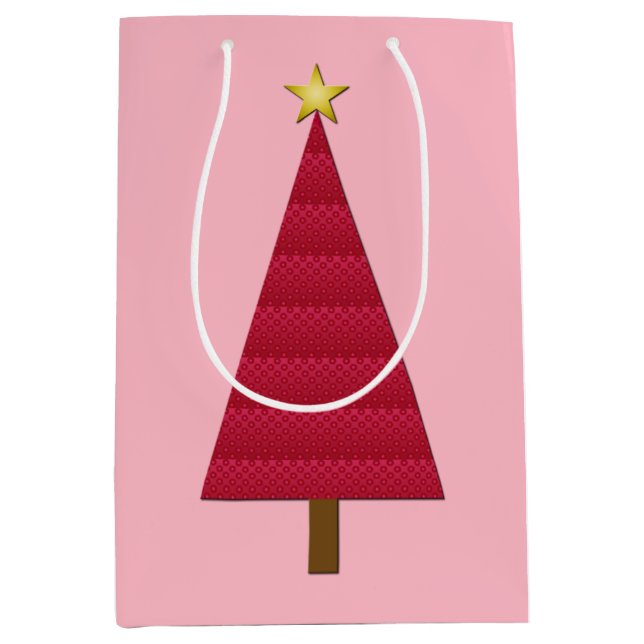 Tief roter Damast, moderner Weihnachtsbaum Mittlere Geschenktüte (Vorderseite)