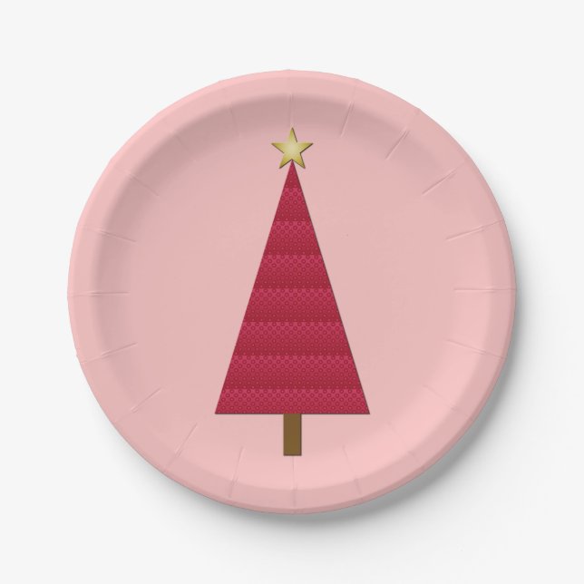 Tief roter Damast, moderner Weihnachtsbaum Pappteller (Vorderseite)