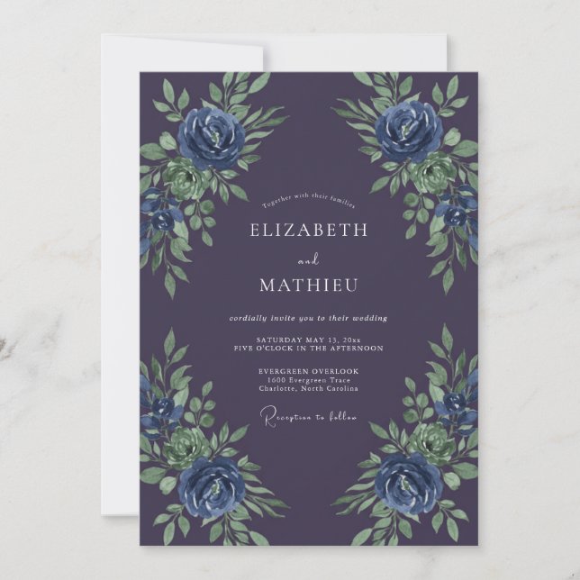 Tief violette blaue botanische Hochzeit Einladung (Vorderseite)