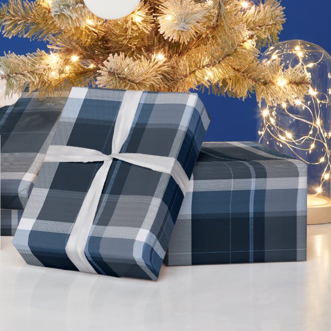 Tiefblau Grau Ozean Schiefer Karomuster Geschenkpapier (Feiertage)