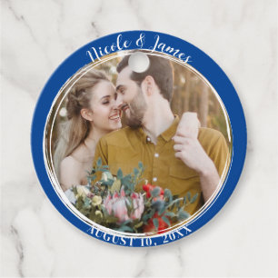 Tiefblau Minimal Trendy Rund Foto Hochzeit Geschenkanhänger