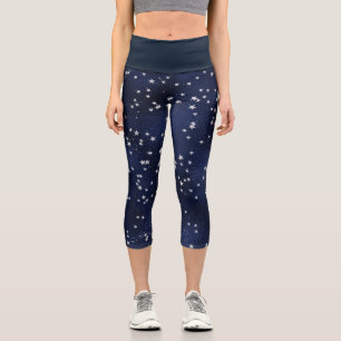 Tiefblau mit silbernen Sternen Muster Capri Leggings