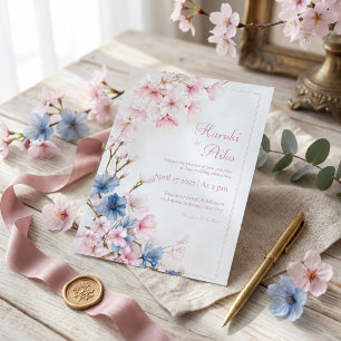 Tiefblau Rosa Romantische Sakura Goldrahmen Hochze Einladung