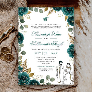 Tiefblaue Aquarell-Rosen Florale Sikh-Hochzeit Einladung