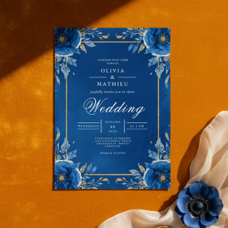 Tiefblaue Blumenarchitektur-Hochzeit Einladung