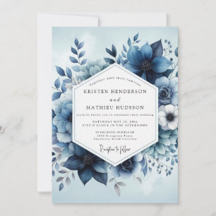 Tiefblaue botanische Launen Hochzeit Einladung