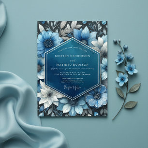 Tiefblaue botanische Opulenz-Hochzeit Einladung