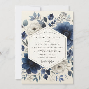 Tiefblaue botanische romantische Hochzeit Einladung