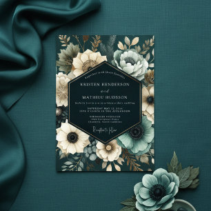 Tiefblaue botanische romantische Hochzeit Einladung