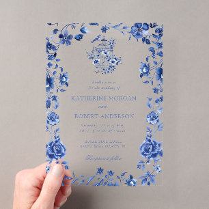 Tiefblaue Chinoiserie Vintage Blumenhochzeit Acryleinladungen