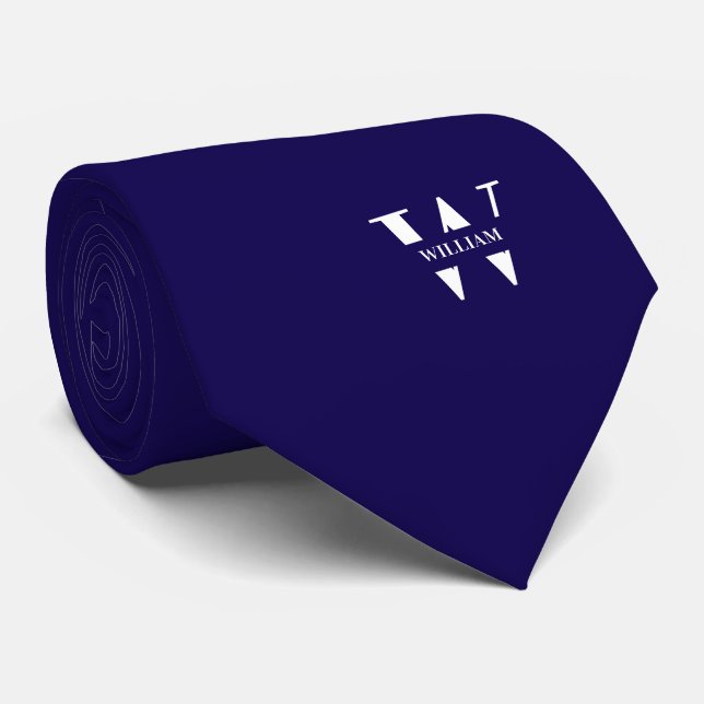 Tiefblaue Farbe Elegantes Monogramm + Name Krawatte (Gerollt)