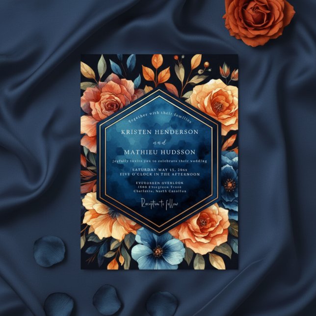 Tiefblaue Florale Herbsthochzeit Einladung (Von Creator hochgeladen)
