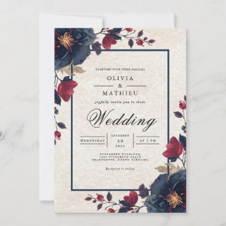 Tiefblaue Florale Romanze-Hochzeit Einladung