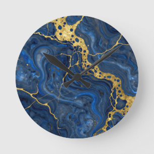 Tiefblaue goldene Adern Abstract Runde Wanduhr