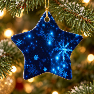 Tiefblaue helle Schneeflocken Keramik Stern Orname Keramikornament