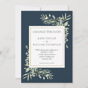 Tiefblaue Hochzeit mit geändertem Datum und Grün Save The Date