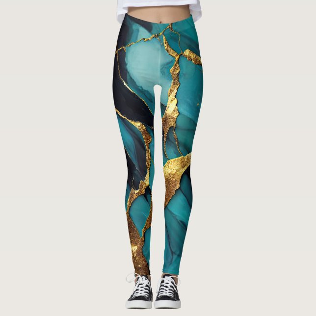 Tiefblaue Marmor mit kräftigen goldenen Adern Leggings (Vorderseite)