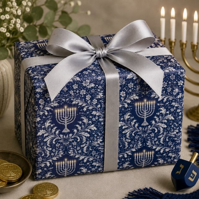 Tiefblaue Menora im William-Morris-Muster Geschenkpapier (Von Creator hochgeladen)
