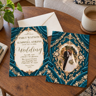 Tiefblaue Pfauen Teal Samt Barock Hochzeit Einladung