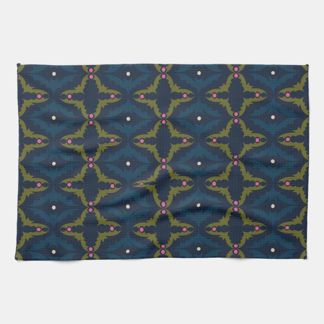 Tiefblaue Retro-Vintage-Muster  Geschirrtuch (Horizontal)