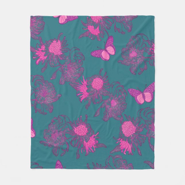 Tiefblaue rosa Schmetterlings-Blumen-Fliesblanke Fleecedecke (Vorderseite)