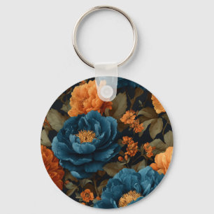 Tiefblaue und goldorange Pfingstrosen Schlüsselanhänger