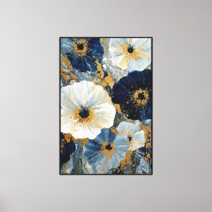 Tiefblaue und weiße Blumen mit goldenen Akzenten Leinwanddruck
