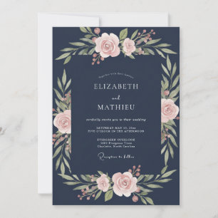 Tiefblaue Watercolor-Hochzeit mit Rosé-Tönen Einladung