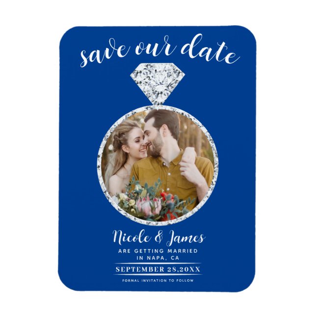 Tiefblauer Diamantring Bling Foto Save-the-Date Magnet (Vertikal)