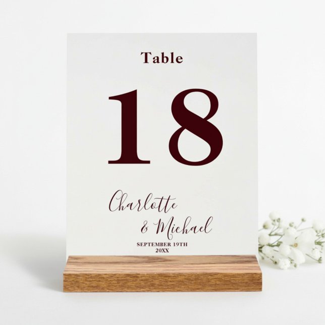Tiefburgunder Elegante Hochzeitstisch-Nummer Acrylschild (Von Creator hochgeladen)