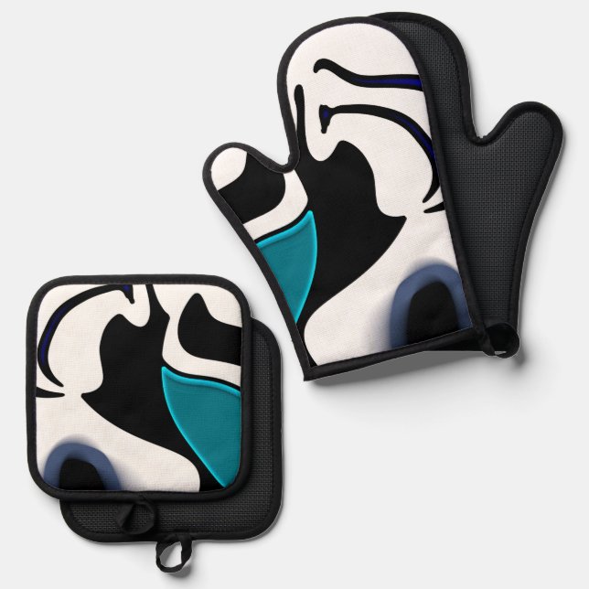 Tiefe: Abstrakt Schwarz, Weiß und Blau Ofenhandschuh & Topflappen-Set (Vorderseite/Rückseite)