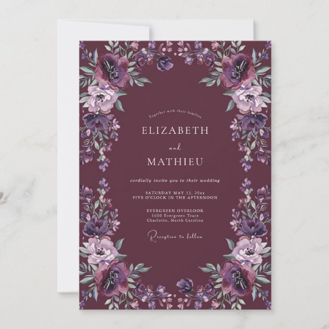 Tiefe Amethyst-Dahlie Hochzeit Einladung (Vorderseite)