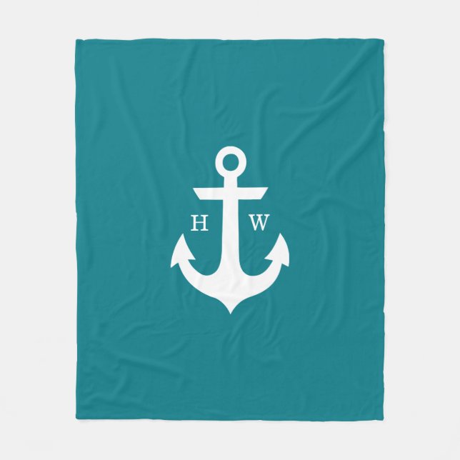 Tiefe Aquamarine Ankermonogramm Fleecedecke (Vorderseite)