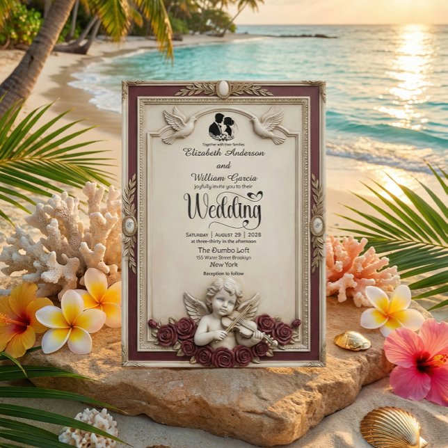 Tiefe Burgunderrote Rose & Cherub Vintage Hochzeit Einladung (Von Creator hochgeladen)