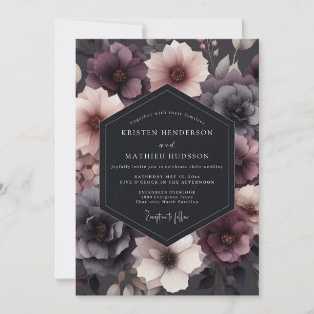 Tiefe Pflaumen-Blumenromanze-Hochzeit Einladung (Vorderseite)