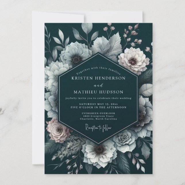 Tiefe Teal-Blumenromanze-Hochzeit Einladung (Vorderseite)