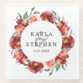 Tiefenrote Wasserfarben-Blume Hochzeitskranz Glasuntersetzer