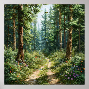 🌲 Tiefer grüner Kiefernwald neblige Landschaft Na Poster