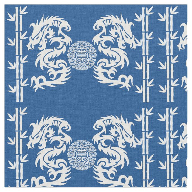 Tiefes Blau mit Drachen und Bambus Stoff (Nahaufnahme)