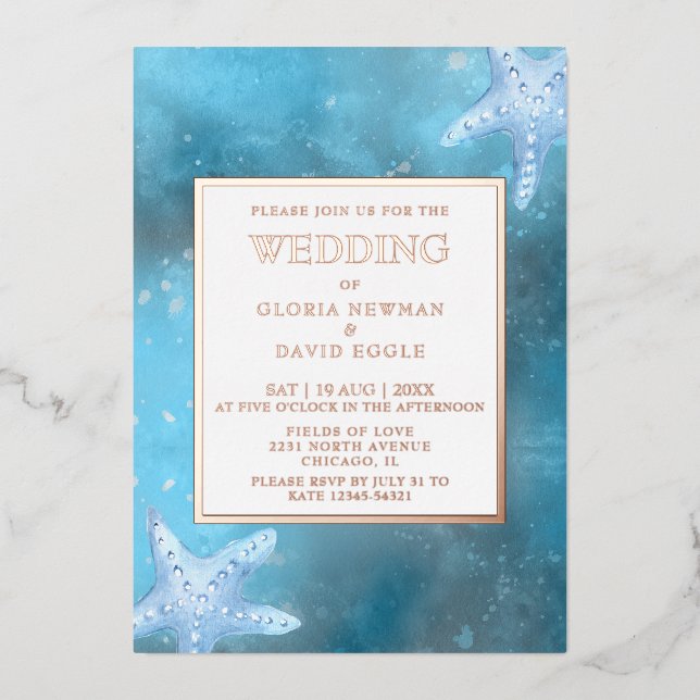 Tiefes blaues Meer Hochzeit Real Foil Folieneinladung (Vorderseite)