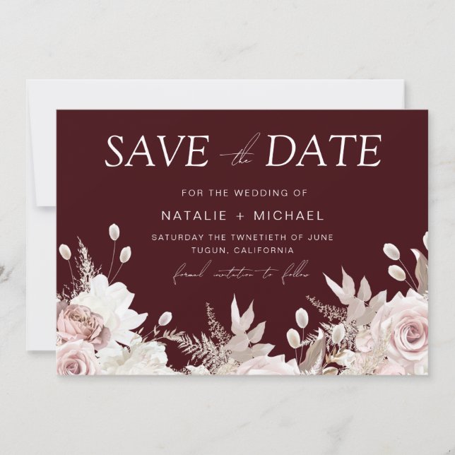 Tiefes Burgunderrot Boho Blumenhochzeit Save The Date (Vorderseite)