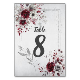 Tiefes Burgunderrot Silber Grau Aquarell Blumen Cu Tischnummer