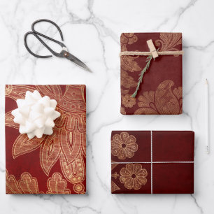 Tiefes Burgunderrot und Gold Damast Geschenkpapier Set