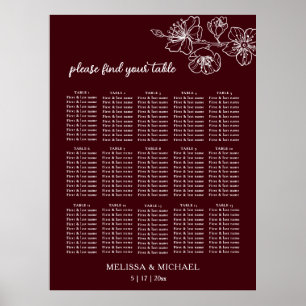 Tiefes Burgunderweiß Floral Hochzeits-Sitzplan Poster
