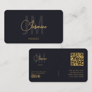 Tiefes Indigo Schwarz Gold Moderne Monogramm QR Re Visitenkarte
