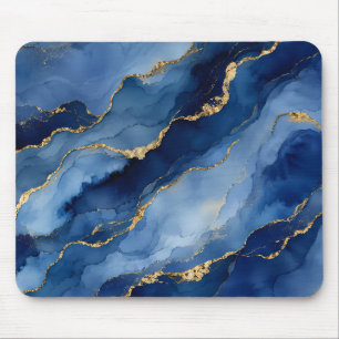 Tiefes Marineblau und Gold Alcohol Ink Agat-Textur Mousepad