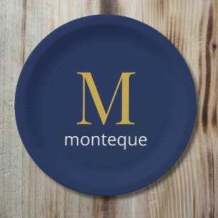 Tiefes Navy Gold Monogramm Personalisierter Name L Pappteller